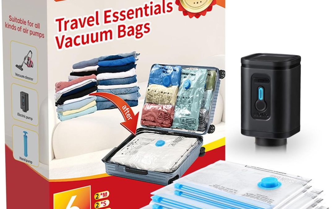 BRODI 6 Combo Pack Travel Vacuum Bags with Pump – Compression Bags for Travel,Vacuum Storage Bags for Space Saver & Travel Essentials,Vacuum Seal Bags for Clothing,Travel Vacuum Bags for Luggage